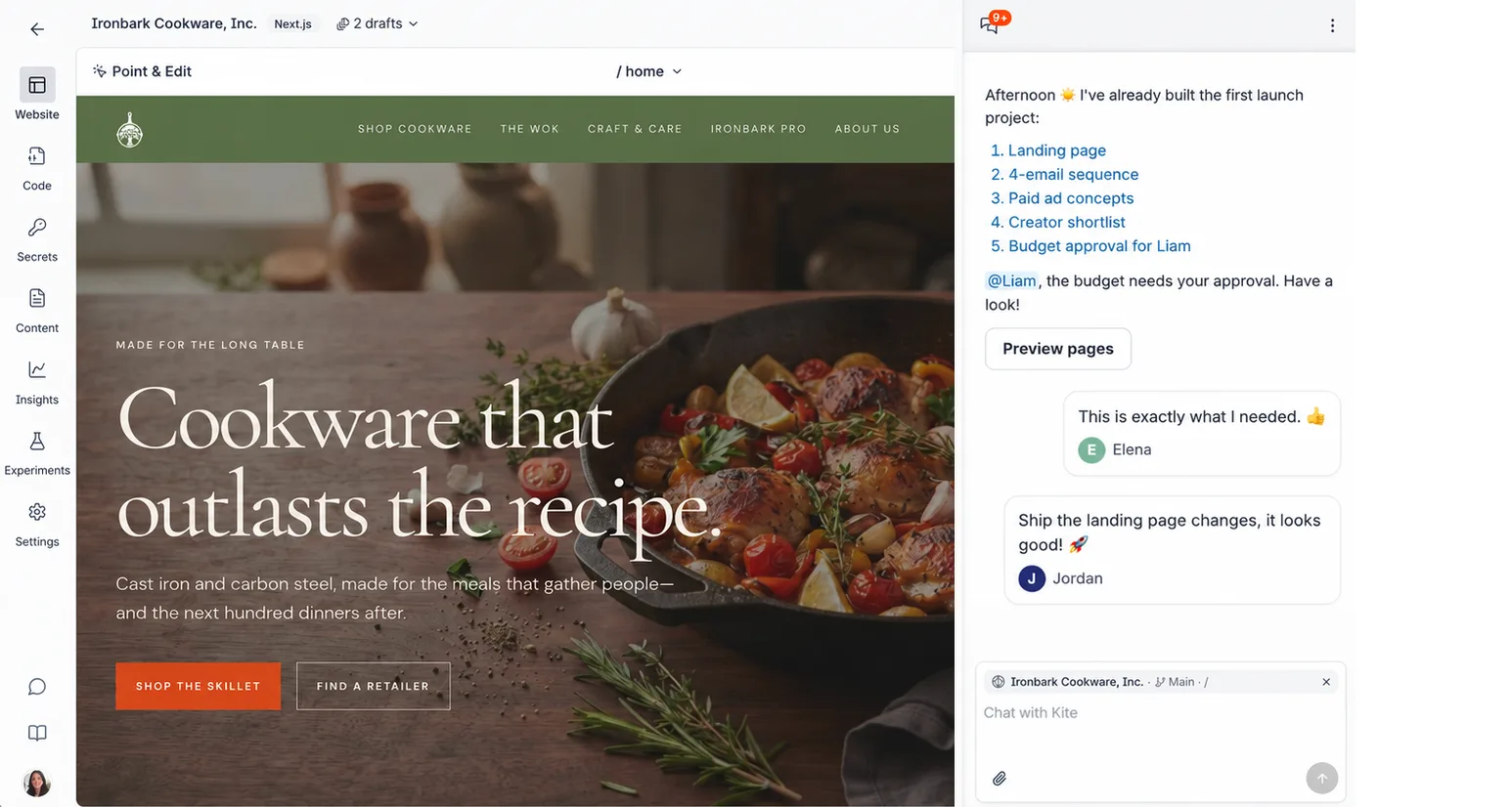 Kite's website editor showing a cookware homepage it built, with a launch chat where the team approves it