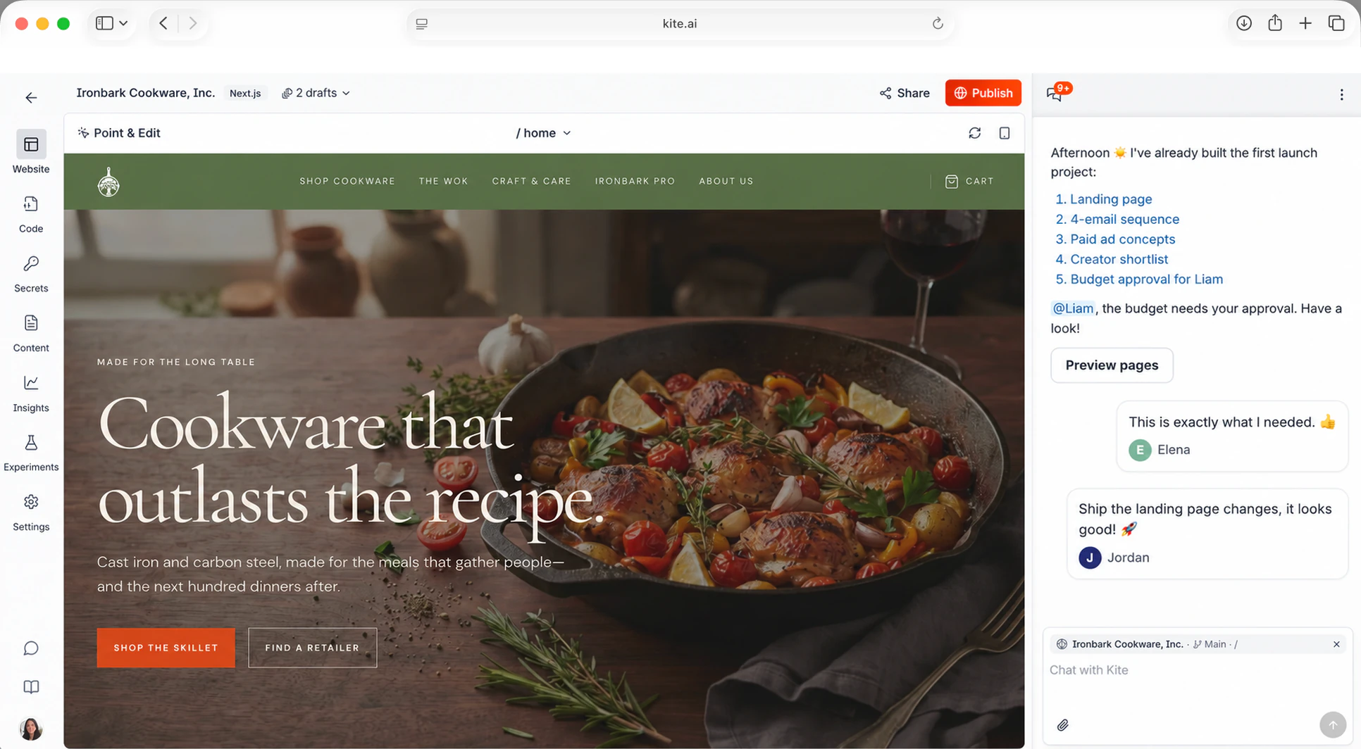 Kite's website builder with the Ironbark homepage, and a Wok launch chat where Kite lists the first launch project and the team approves it