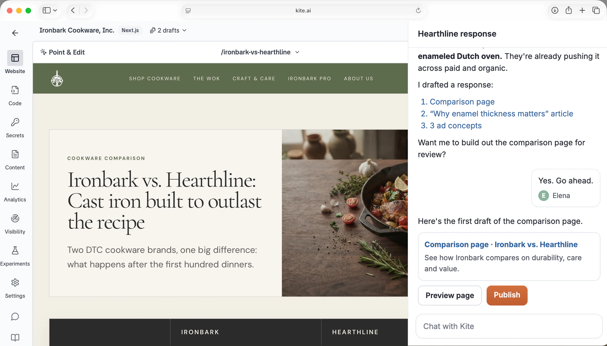 Kite's website builder with an Ironbark vs. Hearthline comparison page, and a Hearthline response chat where Kite drafts the page and the team approves it